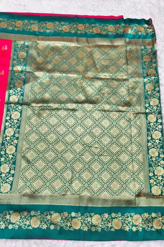 pink zari woven banarasi silk blend traditional saree with blouse piece
