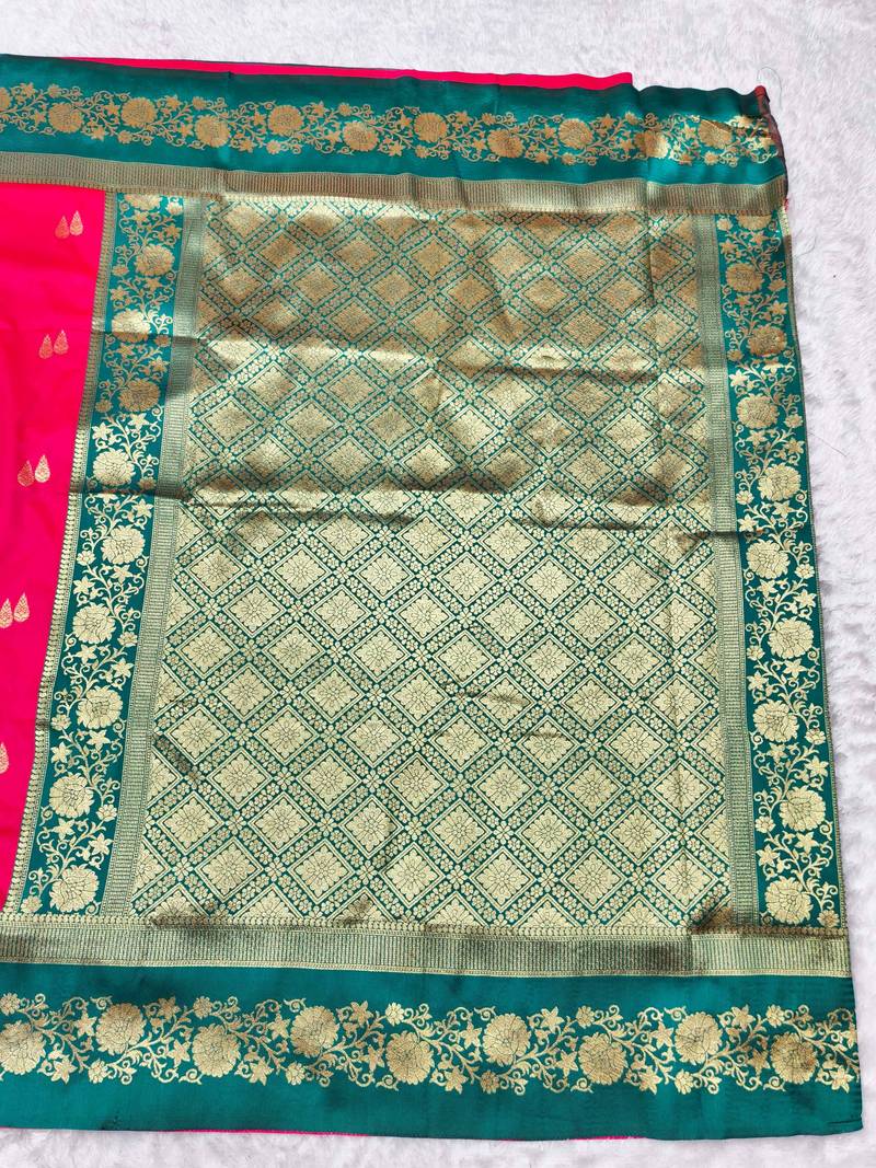 pink zari woven banarasi silk blend traditional saree with blouse piece