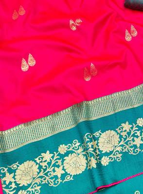 pink zari woven banarasi silk blend traditional saree with blouse piece 3