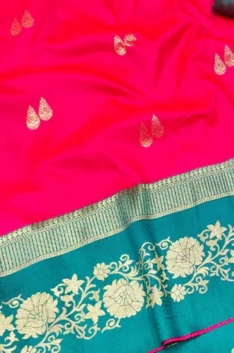pink zari woven banarasi silk blend traditional saree with blouse piece