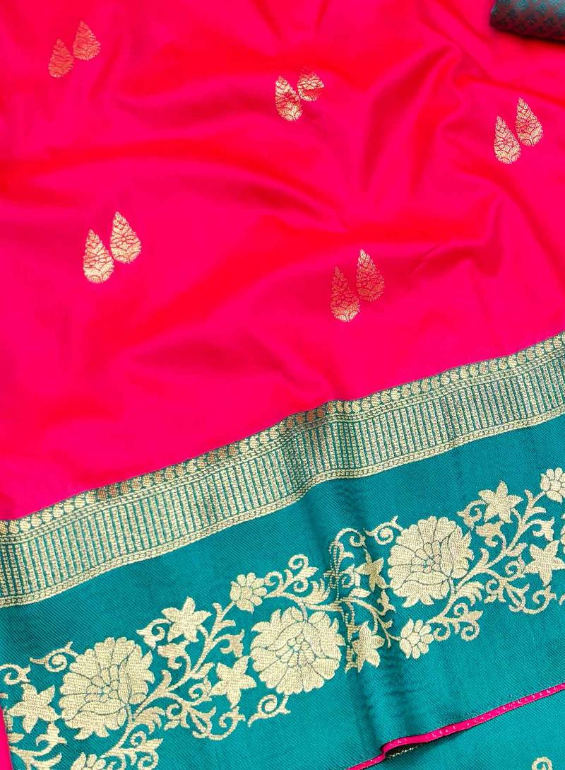 pink zari woven banarasi silk blend traditional saree with blouse piece