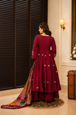 Maroon rayon cotton embroidered kurta palazzo set with digital print organza silk dupatta 3