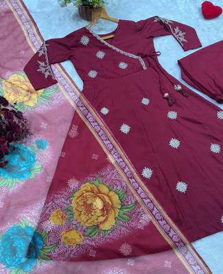 Maroon rayon cotton embroidered kurta palazzo set with digital print organza silk dupatta 4