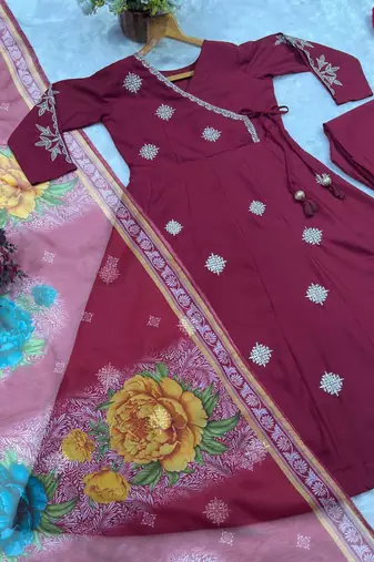 Maroon rayon cotton embroidered kurta palazzo set with digital print organza silk dupatta