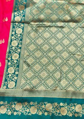 pink zari woven banarasi silk blend traditional saree with blouse piece 5