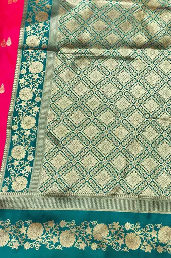 pink zari woven banarasi silk blend traditional saree with blouse piece