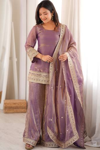 Purple embroidered frendy silk kurta palazzo set with dupatta for women