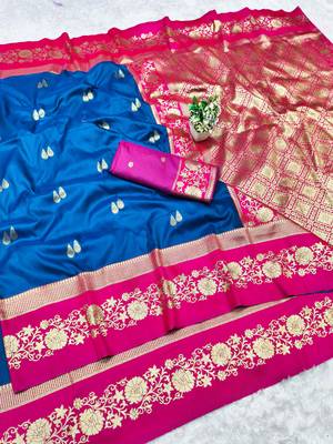 navy blue zari woven banarasi silk blend traditional saree with blouse piece 1