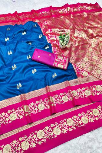 navy blue zari woven banarasi silk blend traditional saree with blouse piece