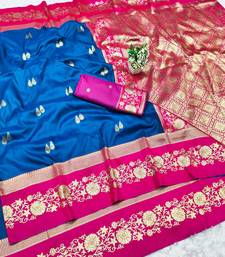 navy blue zari woven banarasi silk blend traditional saree with blouse piece