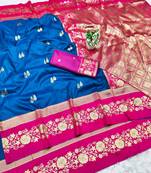navy blue zari woven banarasi silk blend traditional saree with blouse piece