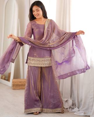 Purple embroidered frendy silk kurta palazzo set with dupatta for women 2