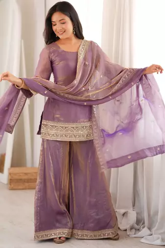 Purple embroidered frendy silk kurta palazzo set with dupatta for women