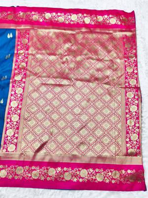 navy blue zari woven banarasi silk blend traditional saree with blouse piece 2