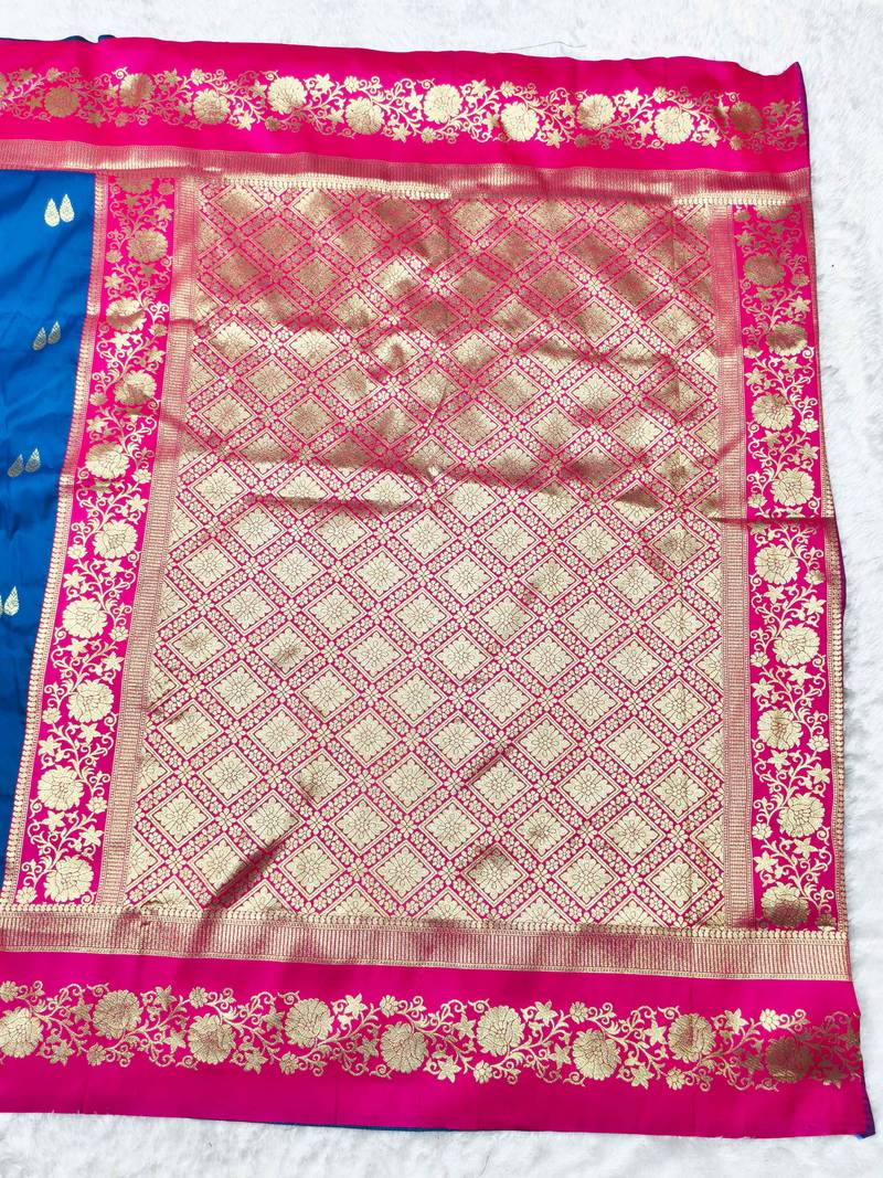 navy blue zari woven banarasi silk blend traditional saree with blouse piece
