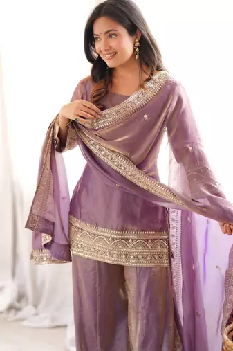Purple embroidered frendy silk kurta palazzo set with dupatta for women