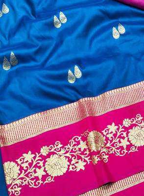 navy blue zari woven banarasi silk blend traditional saree with blouse piece 3