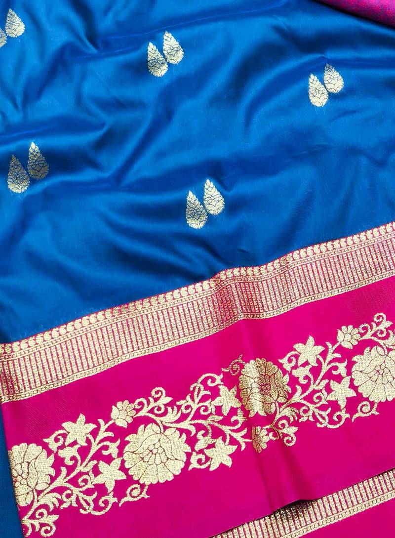 navy blue zari woven banarasi silk blend traditional saree with blouse piece