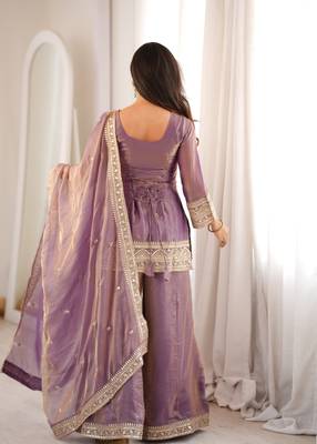 Purple embroidered frendy silk kurta palazzo set with dupatta for women 4
