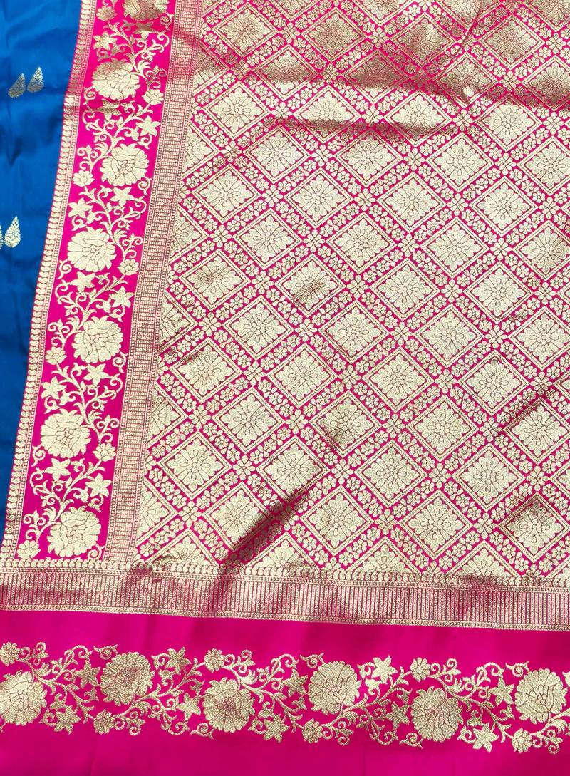 navy blue zari woven banarasi silk blend traditional saree with blouse piece