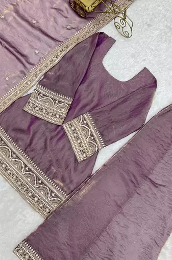 Purple embroidered frendy silk kurta palazzo set with dupatta for women