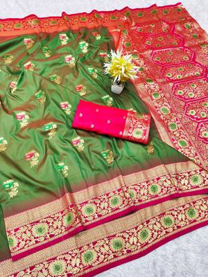 mehendi zari woven banarasi silk blend traditional saree with blouse piece 1