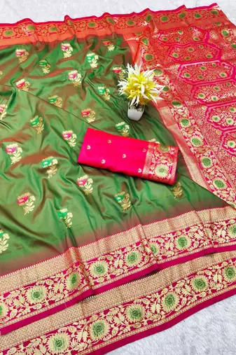 mehendi zari woven banarasi silk blend traditional saree with blouse piece