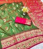 mehendi zari woven banarasi silk blend traditional saree with blouse piece