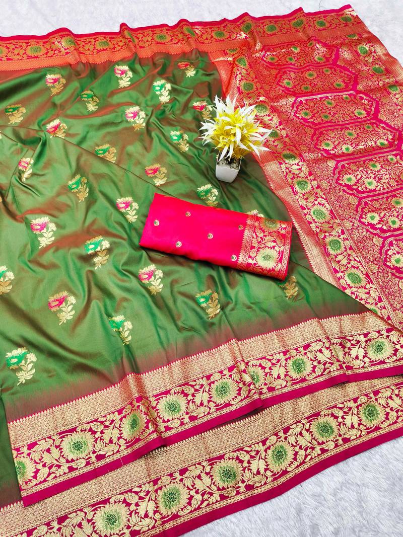 mehendi zari woven banarasi silk blend traditional saree with blouse piece