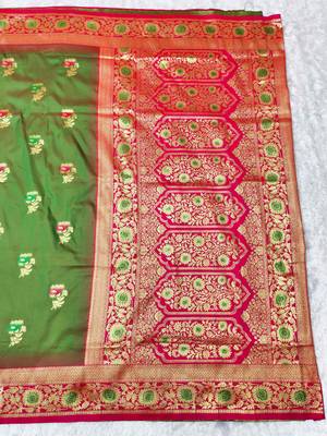 mehendi zari woven banarasi silk blend traditional saree with blouse piece 2
