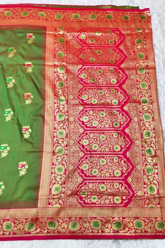 mehendi zari woven banarasi silk blend traditional saree with blouse piece