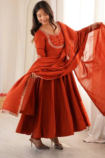 Rust pure roman chanderi silk embroidered anarkali gown set with dupatta & pan