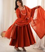 Rust pure roman chanderi silk embroidered anarkali gown set with dupatta & pan
