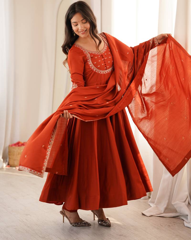 Rust pure roman chanderi silk embroidered anarkali gown set with dupatta & pan