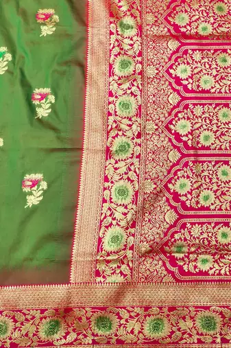 mehendi zari woven banarasi silk blend traditional saree with blouse piece