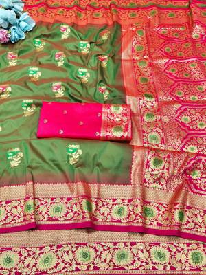 mehendi zari woven banarasi silk blend traditional saree with blouse piece 5