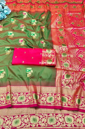 mehendi zari woven banarasi silk blend traditional saree with blouse piece