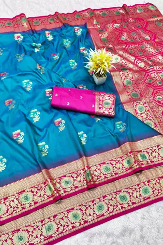rama zari woven banarasi silk blend traditional saree with blouse piece