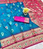 rama zari woven banarasi silk blend traditional saree with blouse piece