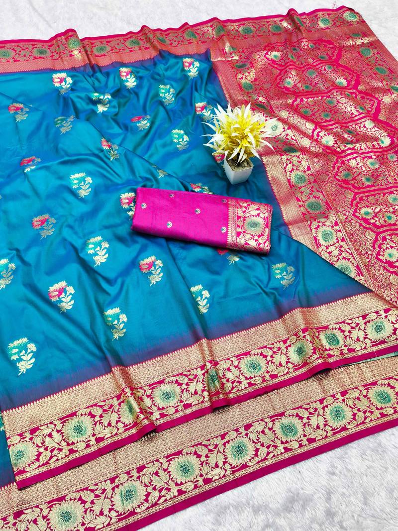 rama zari woven banarasi silk blend traditional saree with blouse piece