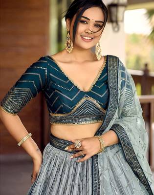 blue sequins chinon lehenga set choli with dupatta 6