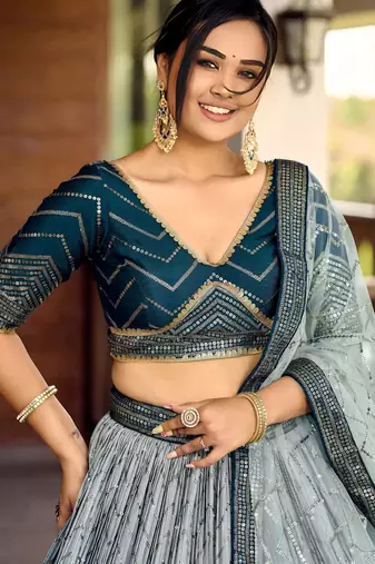 blue sequins chinon lehenga set choli with dupatta