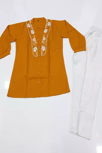 Yellow embroidered short tunic kurti with off-white bottom set