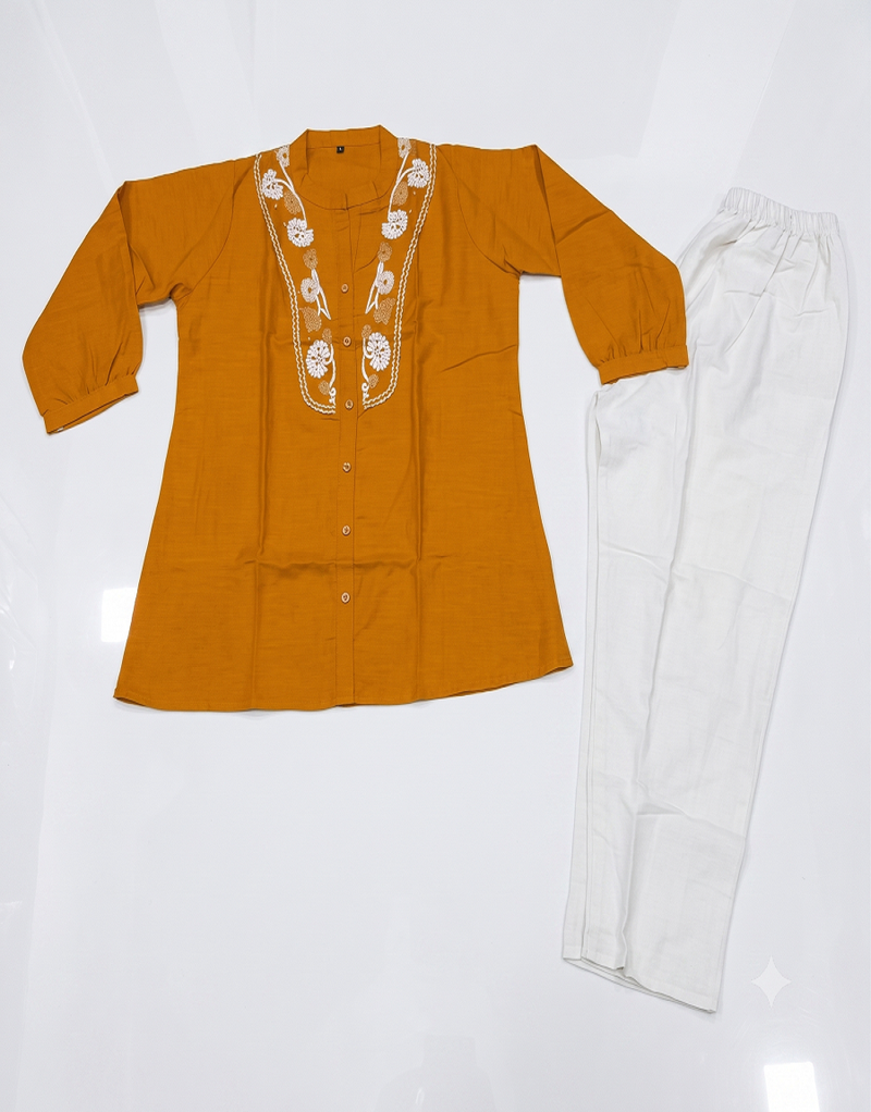 Yellow embroidered short tunic kurti with off-white bottom set