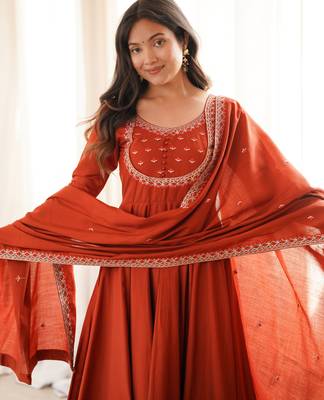 Rust pure roman chanderi silk embroidered anarkali gown set with dupatta & pan 4