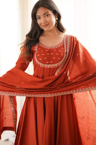 Rust pure roman chanderi silk embroidered anarkali gown set with dupatta & pan