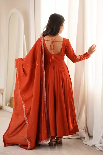 Rust pure roman chanderi silk embroidered anarkali gown set with dupatta & pan