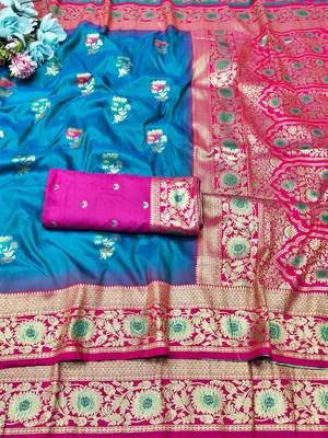 rama zari woven banarasi silk blend traditional saree with blouse piece 5