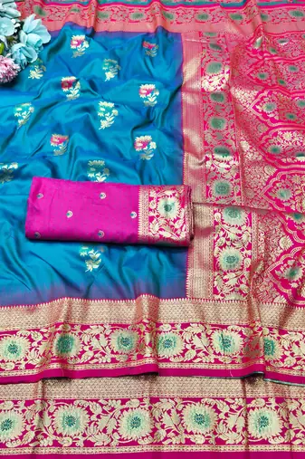rama zari woven banarasi silk blend traditional saree with blouse piece