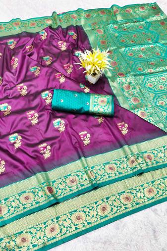 wine zari woven banarasi silk blend traditional saree with blouse piece